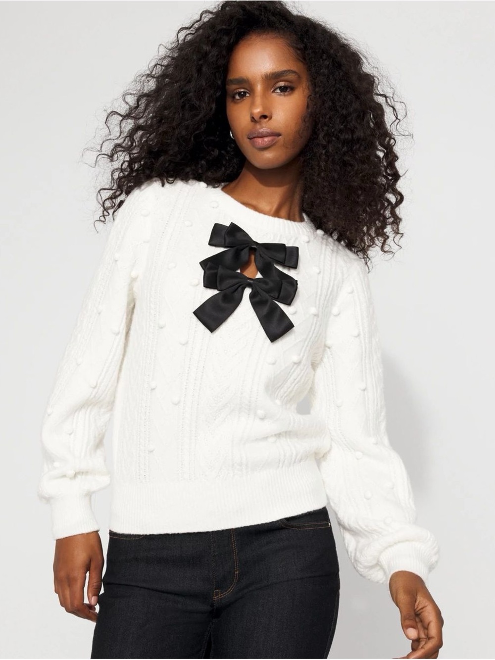 Black satin Bow Cable Knit Sweater WHBM size medium NWT